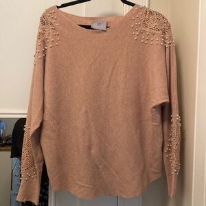 Liv Milano Embellished Pink Pearl Rhinestone Sweater